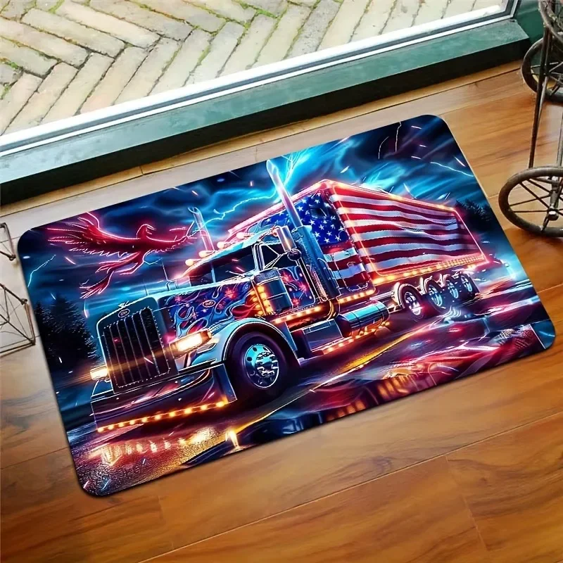 Independence Day Heavy Duty Truck & Lightning Rug, Kitchen Mat, Living Room Floor Carpet, Non-Slip Door Entryway Decor Mat