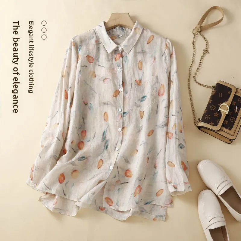 

Ele Cotton Linen irt Women's Autumn Faion Unique Design Vintage Sle Long Sve Busin Casual Office Wear