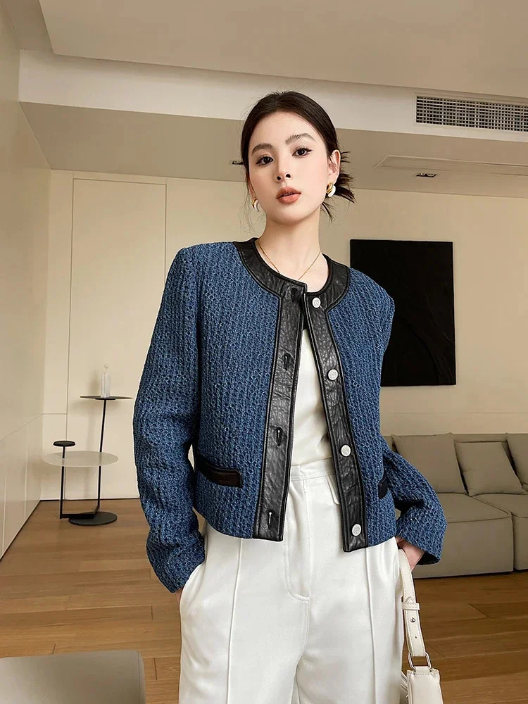 Leather Genuine Patchwork Tweed Jacket for Women Spring Autumn 2024 Trend High-end O-Neck Elegant Cropped Sheepskin Coat