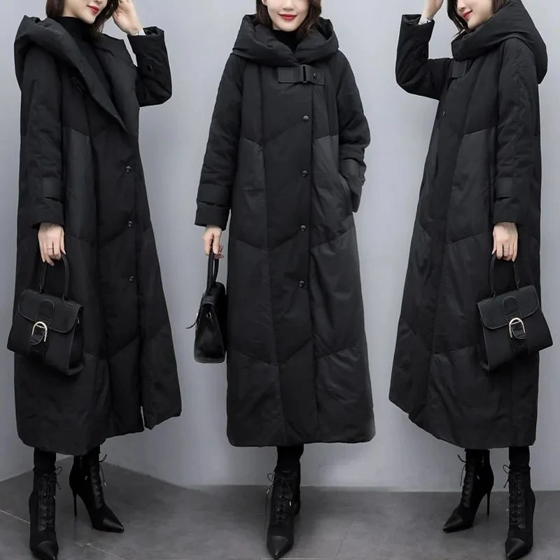 2023 New Large Women's Winter Fashionable Thickened Coat Korean Thick Warm Black Hooded Coat Women Long Overcoat Parka Outerwear