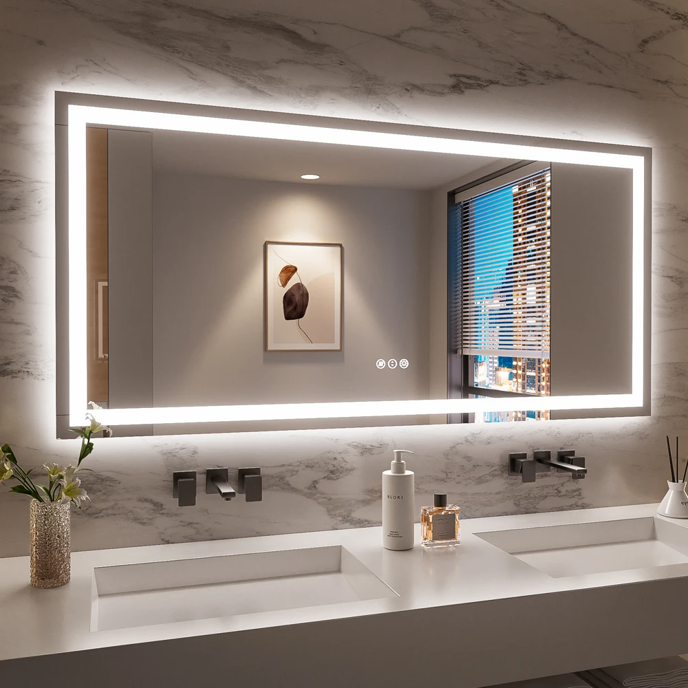 Rizzon 60x36 Inches Smart Anti-Fog LED Bath Mirror with Backlight and Front Light, 3-Color and Dimmable, Brightness Memory