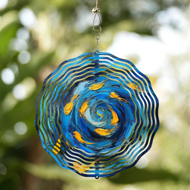 Rotating Blue Wave Holographic Spinner Outdoor Wind Spinner for Garden, Colorful Metal Kinetic Art Home Decor, Holiday P