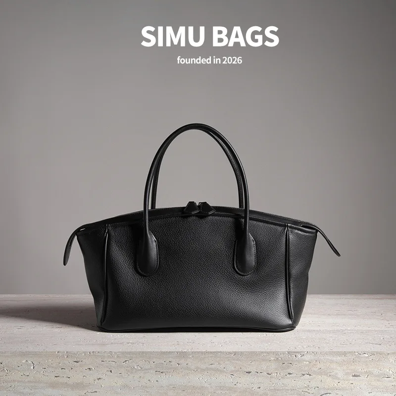 2026 new full-grain first-layer cowhide tote bag, retro large-capacity commuter handbag for women, genuine leather dumpling bag.