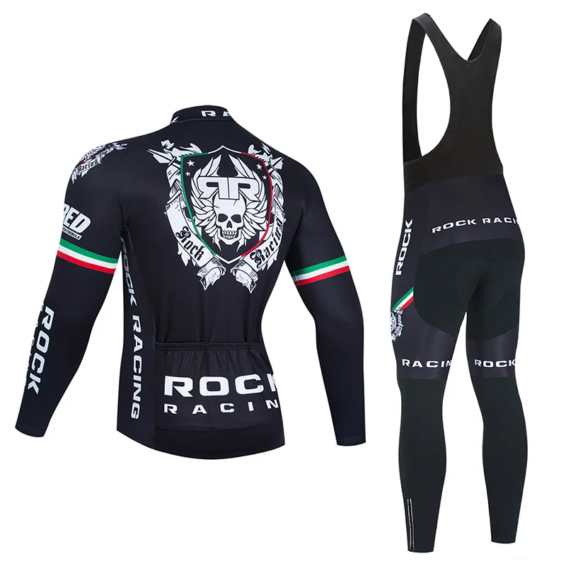 ROCK RACING Winter Cycling Jersey Bib Set Black Bicycle Clothing Ropa Ciclismo Winter Thermal Fleece Men\'s Long Cycling Wear