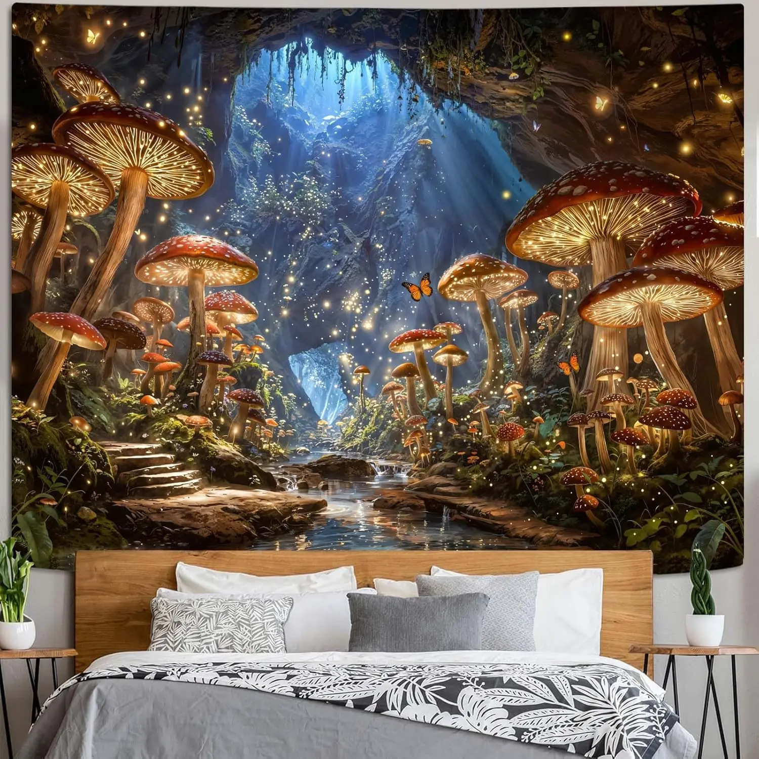 Enchanted Forest Tapestry, Glowing Mushroom Cave with Stream and Magical Light Wall Art for Whimsical and Aesthetic Room Decor