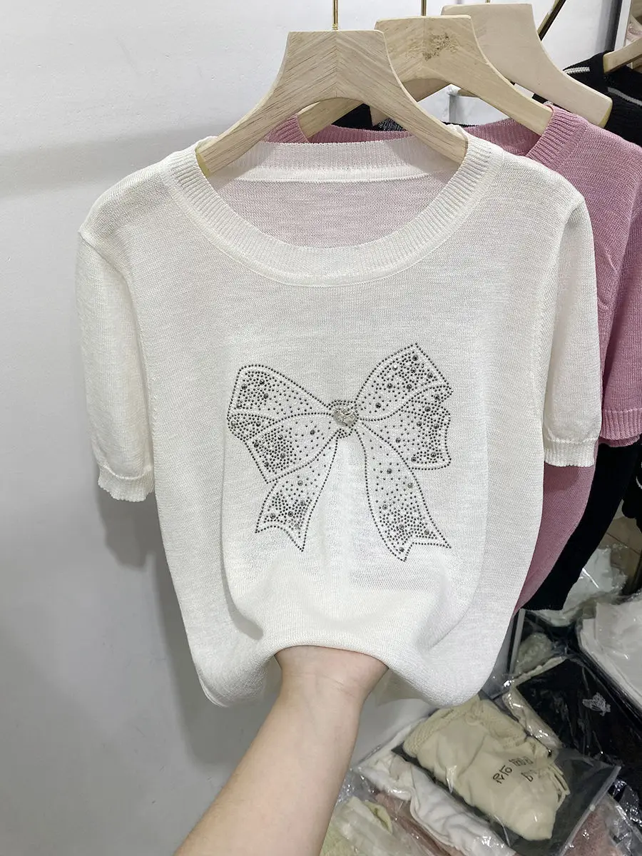 

Diamond-in Bow Bamboo Joints Ice Silk Short-sleeved Women Summer New Knitted Sweater Thin Round Neck Korean TopYY83
