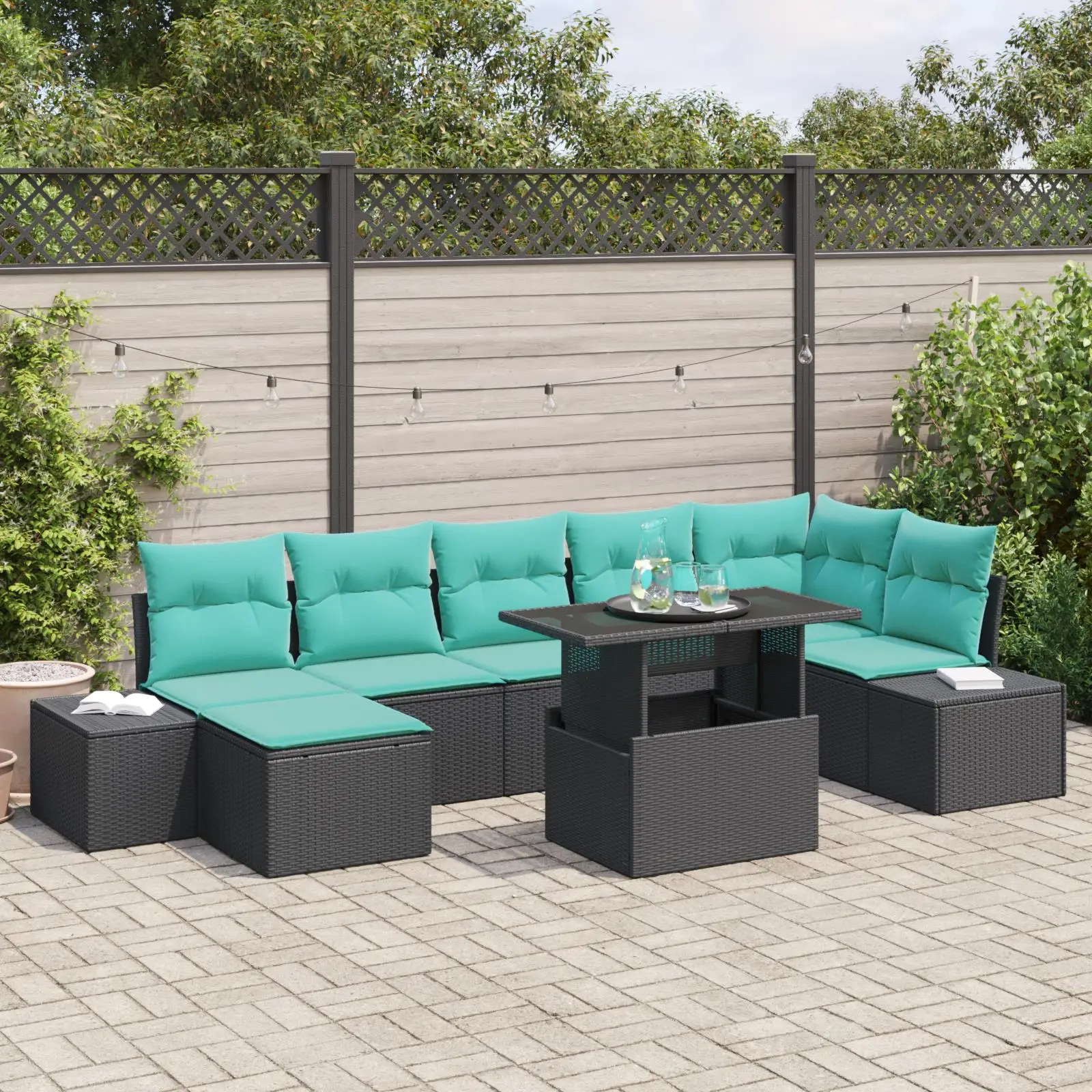 

Stylish 8 Piece Black Rattan Garden Sofa Set with Soft Cushions for Outdoor Patio Furniture