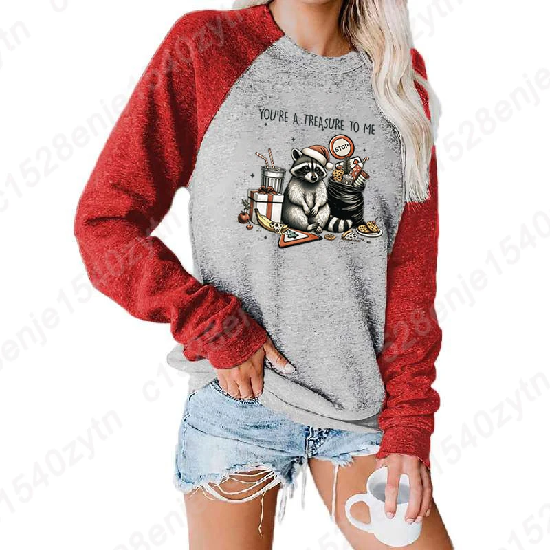 S-XXL Plus Size Tops Autumn And Winter Women Clothes Christmas Racoon You're A Treasure Of Me Print  Ladies Pullover Sweatshirts