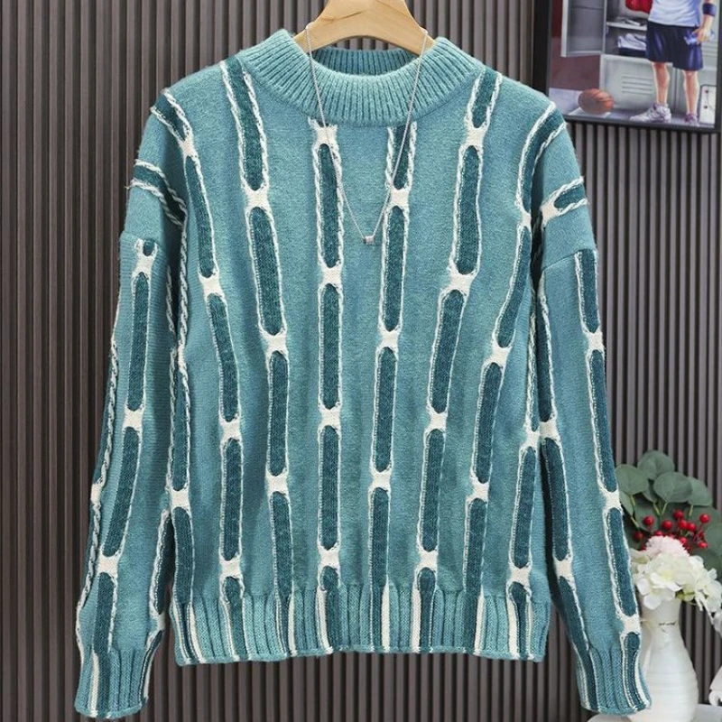 

2024 Men Loose Round Neck Knitted Sweater Autumn Winter New Color Block Long Sleeve Pullover Sweater Trendy Brand Fashion Top