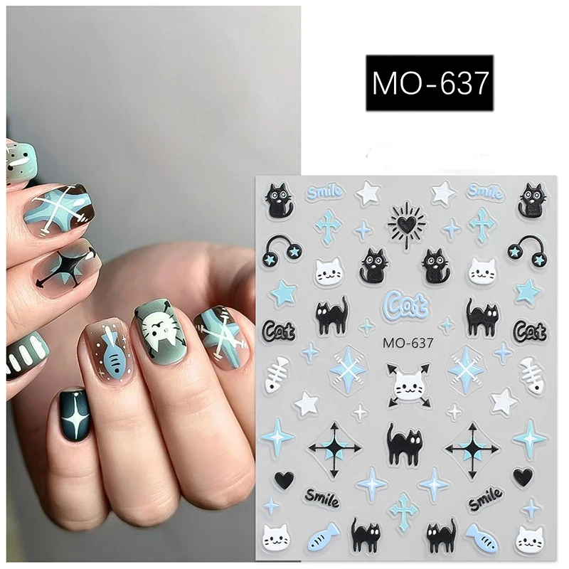 5D Embossed Nail Art Decals Blue Coffee Cute Cats Bears Stars Hearts Nails Stickers Decorations For Manicure