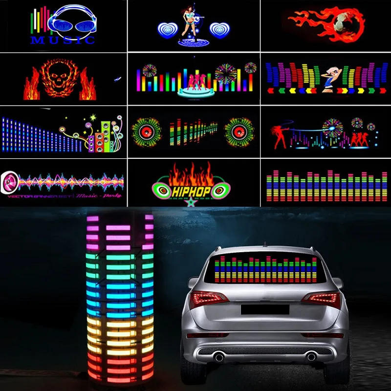 90Cm*25Cm Car Music Rhythm Lamp Car Sticker Sound Rhythm Activated El Equalizer Panel Multi Designs Led Interior Lighting