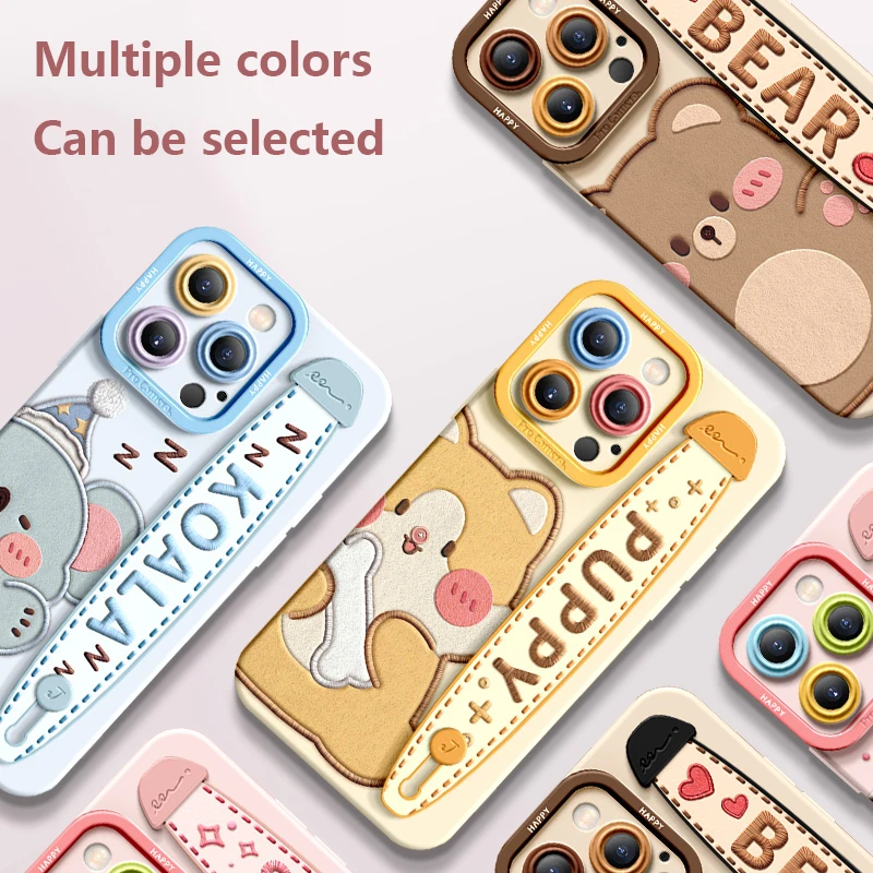 Deluxe Wrist Band Bracket Applicable For iphone 15 14 13 12 11 Pro Max X XR Xs Soft Silicone Cell Phone Case Wave Bear