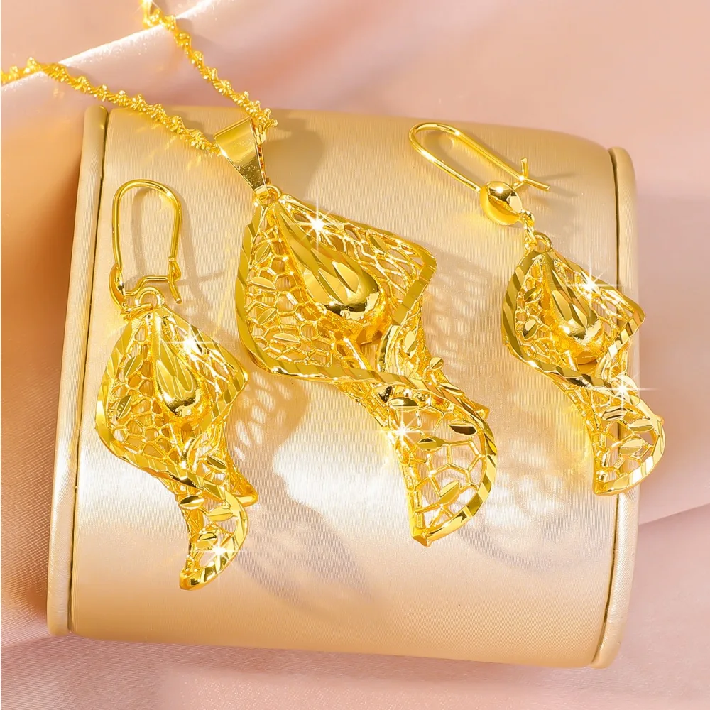 

9999 24K Real Gold Middle East Dubai Wedding Set Accessories Hollowed Out Tree Leaves Water Droplet Necklace Earrings