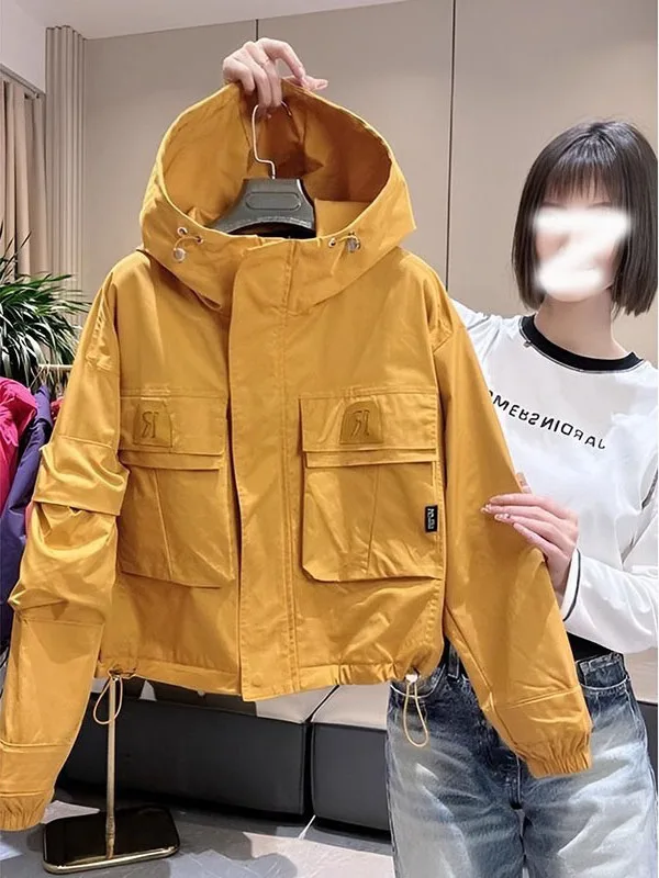 

plus Size European Sle Hooded Jaet Women's Autumn Faion Casual Versatile Multi-ket Parka Coat ape Body pe