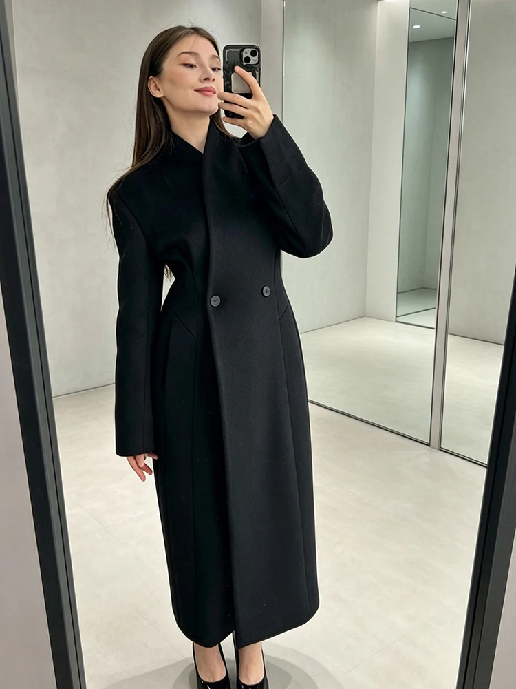 Herbstlicher Maxi-Mantel für Damen, einfarbig, langärmelig, mit Schulterpolstern, gerade geschnitten, schmal, 2026, neue Büro- und Alltags-Oberbekleidung für Damen – Detail 4