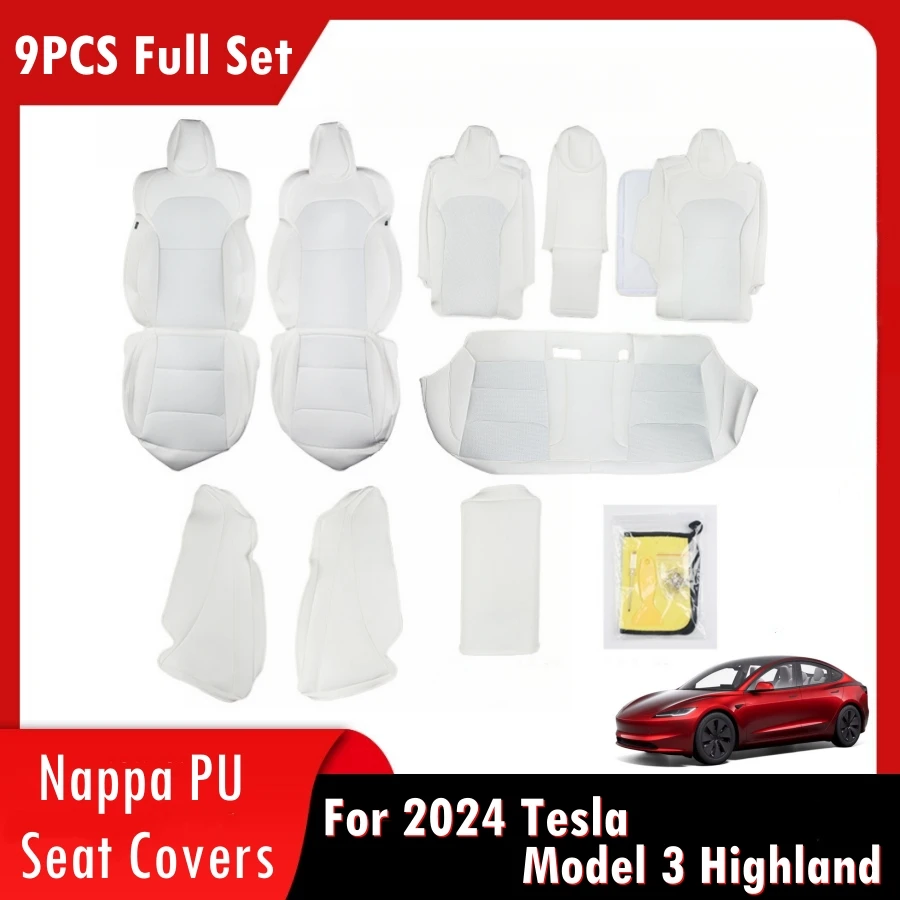 For Tesla Model 3 Highland 2024 Fully Seat Covers Nappa PU Leather Front Rear Car Seat Cushion Armrest Cover Interior Decoration