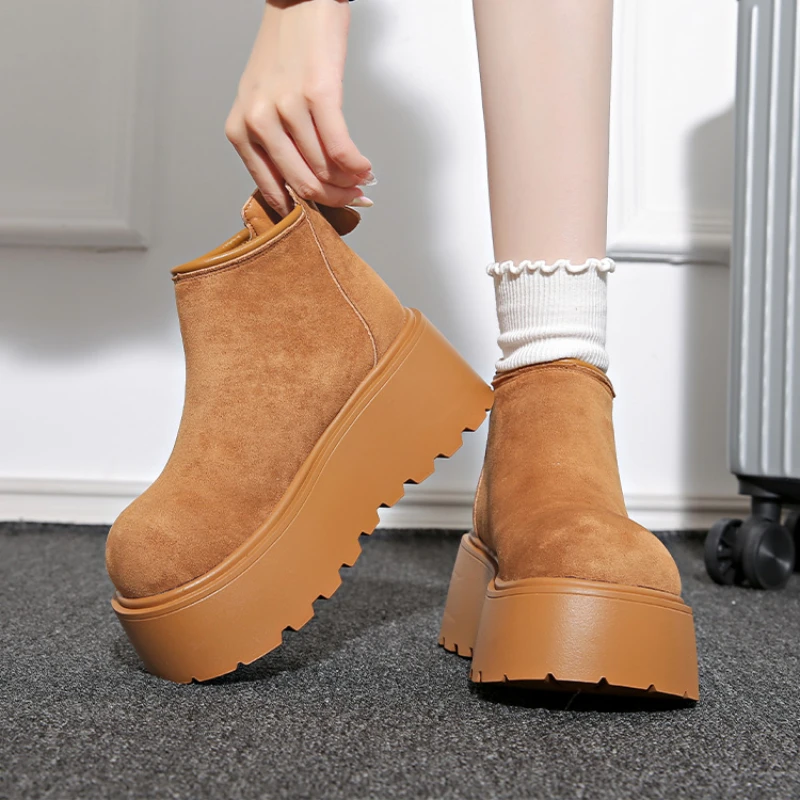 

7cm Suede Women's Snow Boots Platform Wedge Spring Autumn Women Ankle Booties Round Head Outdoor Comfortable Fashion Botas Mujer