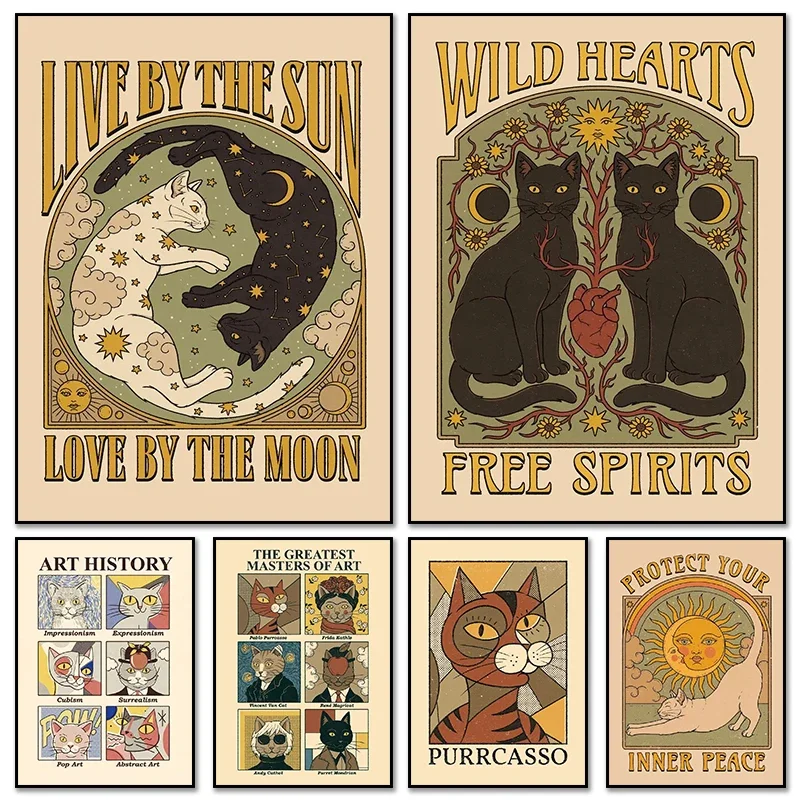 Vintage-Katzen-Poster, Tarot, niedliches Sonne-Mond-Kunstposter, Leinwandgemälde und Druck, Wandkunst für Wohnzimmer, Heimdekoration, rahmenlose Geschenke