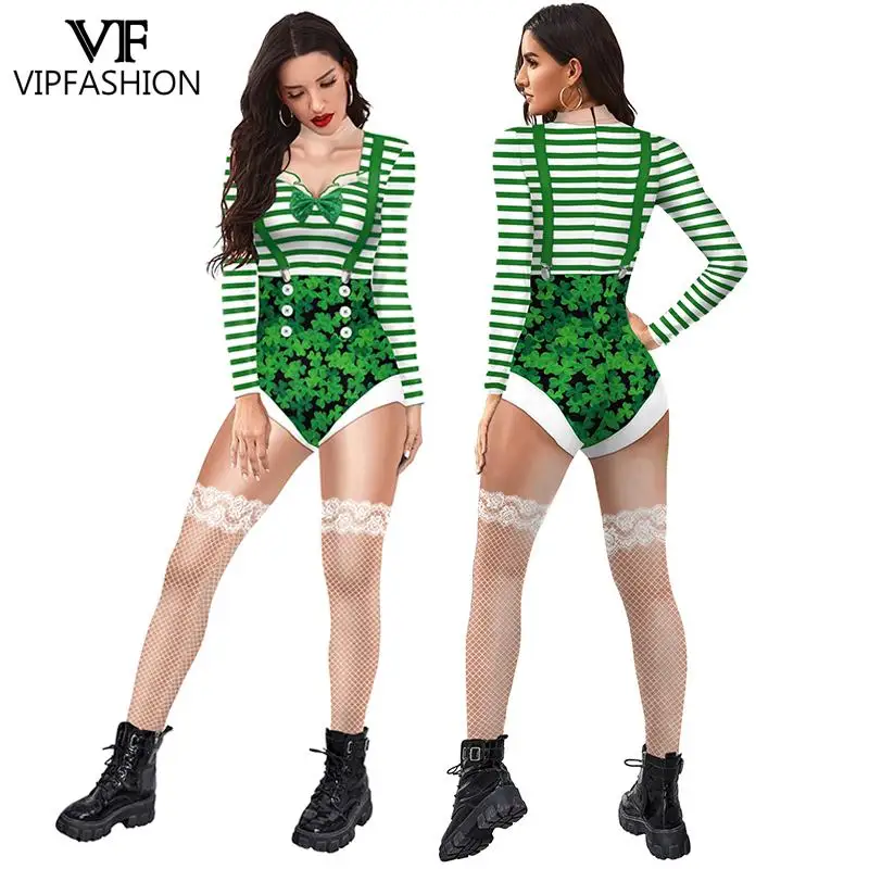 

VIP FASHION Adult Carnival Saint Patrick Cosplay Costume Fancy Dress Long Sleeve Irish Patrick's Day Jumpsuit Printed Bodysuit