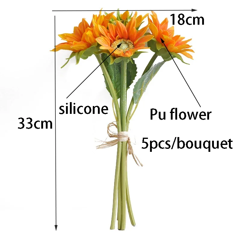 Artificial Silicone Sunflower Bouquet, Artificial Flower, Real Touch, Fake Plant, Wedding Decoration Flowers, Home Garen, 6Pcs