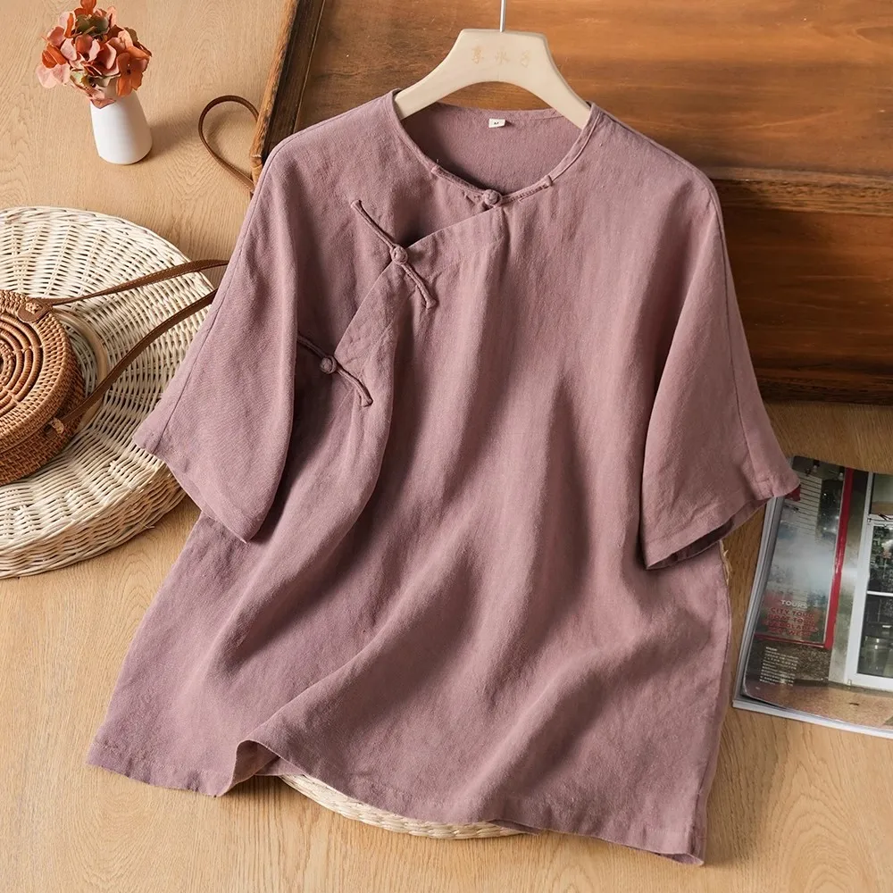 

Элитная женская футболка из хлопка и льна с коротким рукавом, винтажный художественный топ на пуговицах, летняя новинка для чаепития, с эффектом омоложения