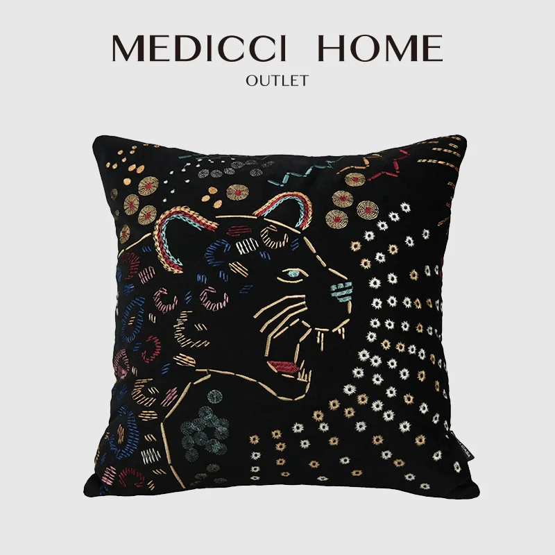 Medicci Home Black Cheetah Hand-Embroidered Cushion Cover Luxury Boho Style Snow Leopard Decorative Pillow Case For Sofa Couch