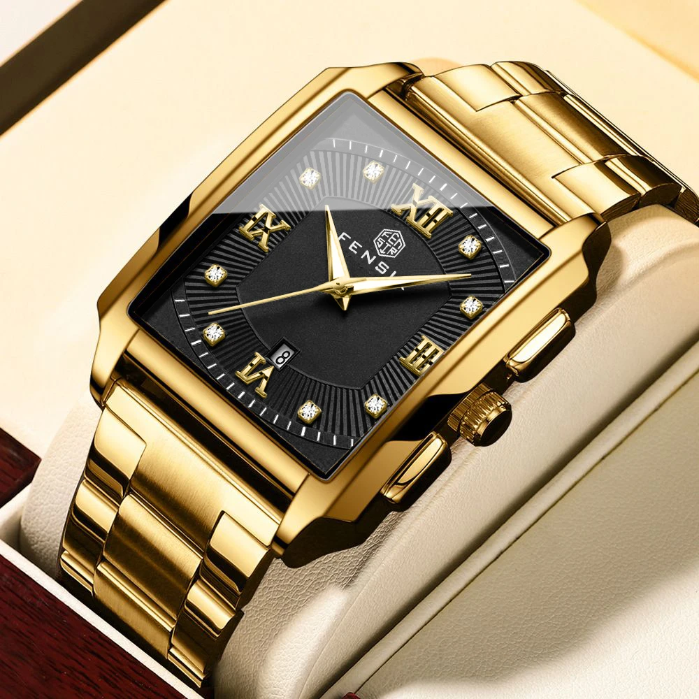 

Men's Square Quartz Watch, Classic Roman Numeral Dial with Diamonds, Stainless Steel Strap, Date Function, Waterproof Business Watch, Fashionable Casual Men's Watch, Birthday and Anniversary Gift, Suitable for Various Formal and Informal Events