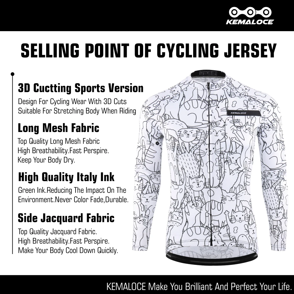 KEMALOCE Cycling Jersey Long Sleeves Men&Women Summer&Spring Bike Shirts 2024 White&Black Funny UV Protection Long Bicycle Jerse