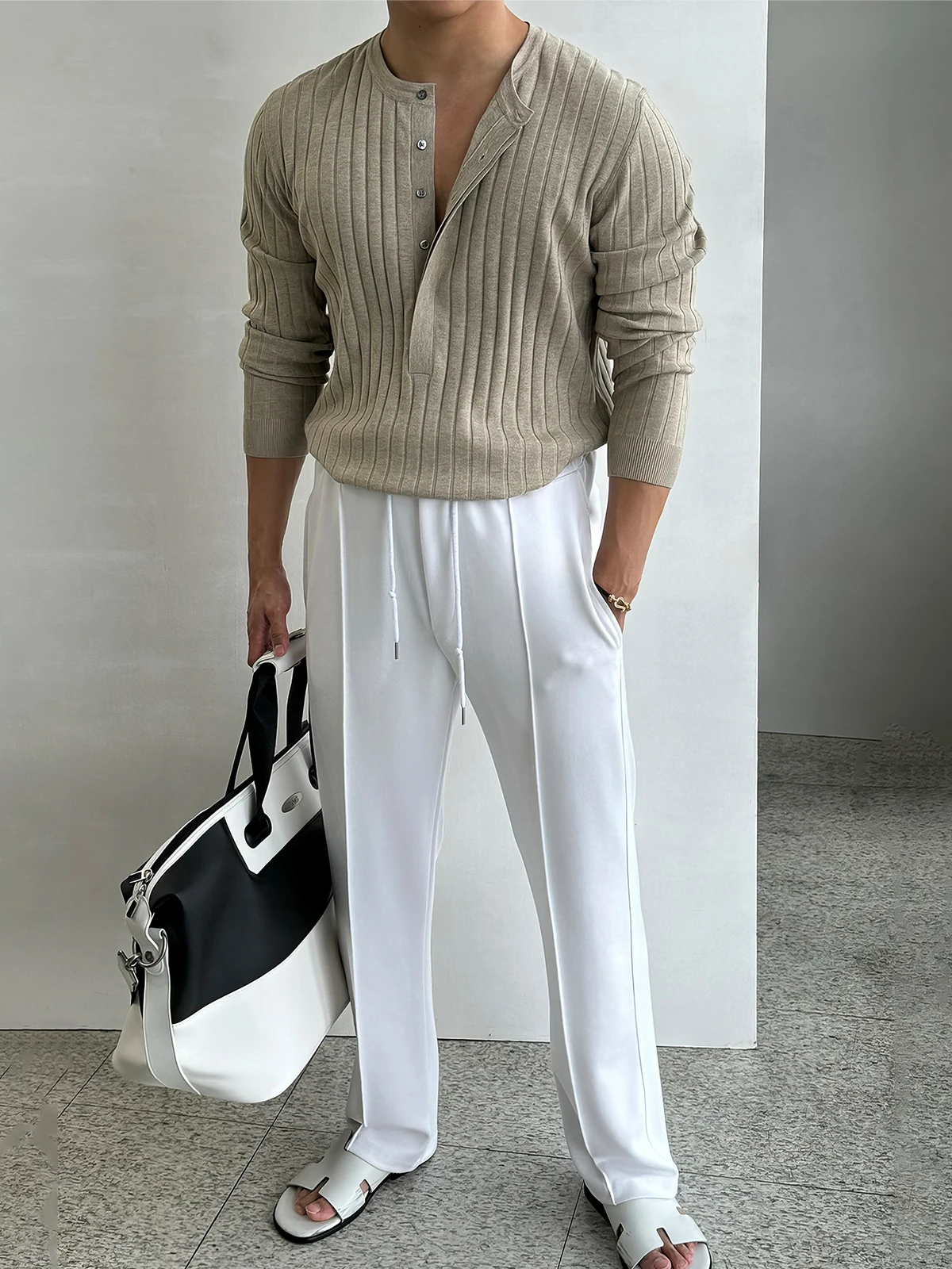 

American Light Maturi Sle Men's Knitted Sweater Spring Autumn Korean Version Slim Fit Muscle Exposing Striped Knitwear