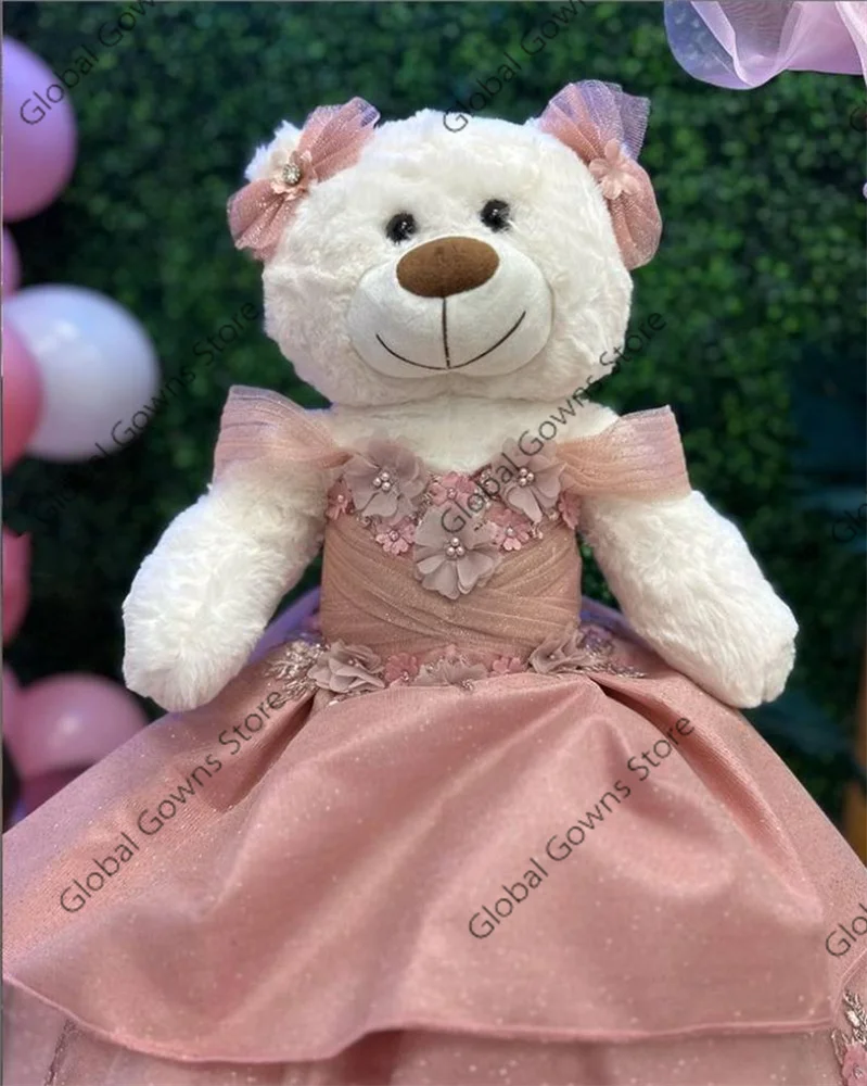 رابط وردي خاص لفستان دمية الدب Quinceanera ، يزين الطيات الأنيقة ، زهور ثلاثية الأبعاد ، Vestidos De XV Años