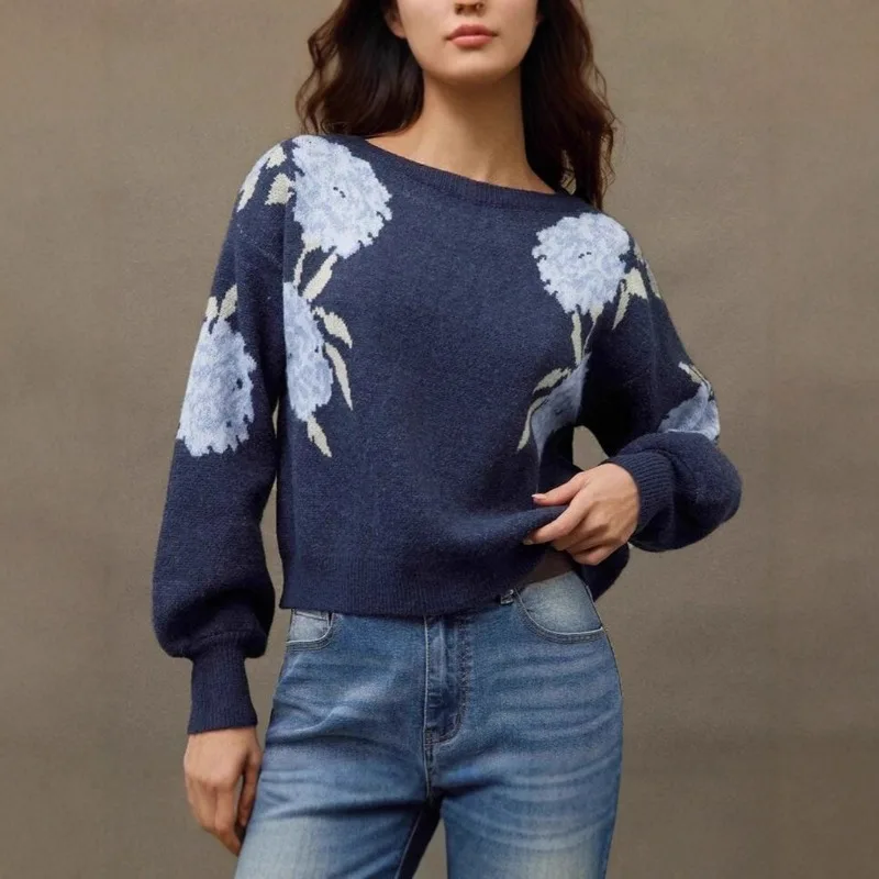

Autumn Winter Women Fashion Flower Sweaters Casual Loose Knitted Pullovers Long Sleeve Round Neck Knitwear Lady Chic Streetwear
