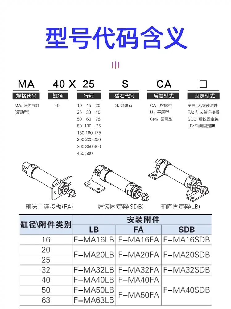 اسطوانة صغيرة هوائية من الفولاذ المقاوم للصدأ MA 16/20/25X10 * 15X30X40X50X60X75SCA/U