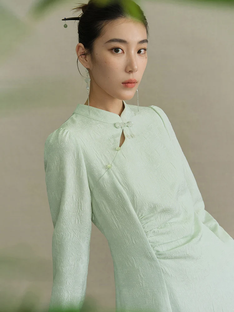 DUSHU New Chinese Style Improved Cheongsam Dress Autumn Long Sleeve Knee-Length Mint Green Dresses Female Stand Collar Dress