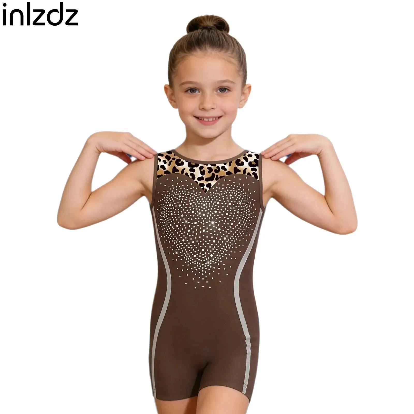 

Kids Girls Gymnastics Dance Printed Ballet Leotard Sleeveless Shiny Rhinestones Color Block Jumpsuit Unitard Ballerina Dancewear