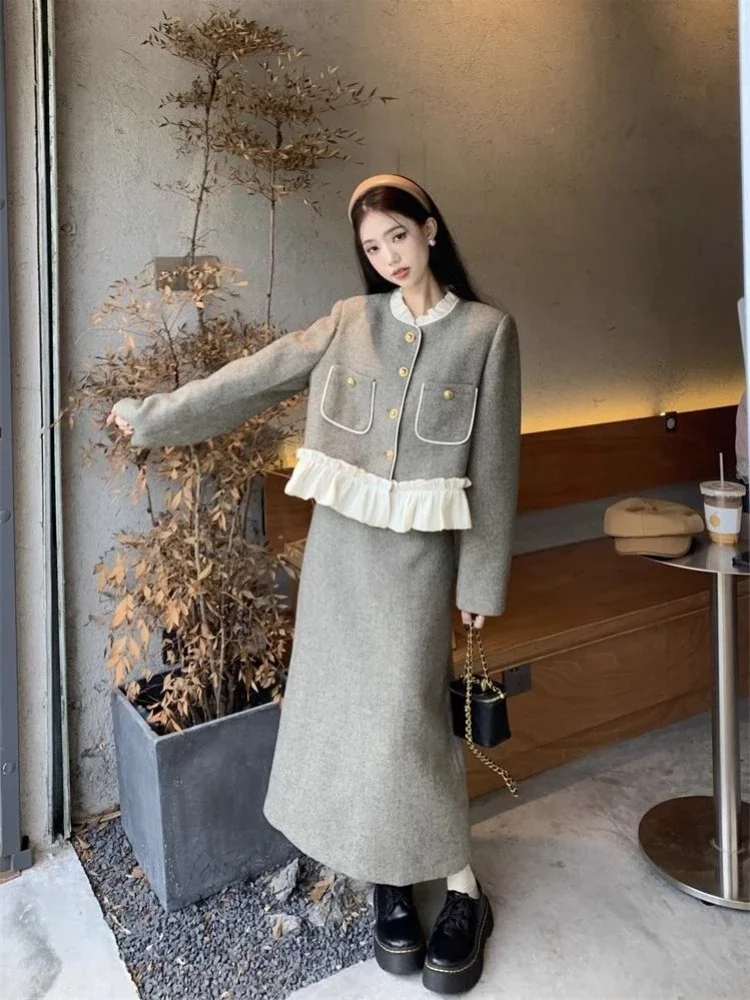 UNXX Thickened Cotton Clip Wood Ear Edge Patchwork Woolen Coats Skirt Suits Vintage Woolen Jacket + Skirt Two-piece Set Women's