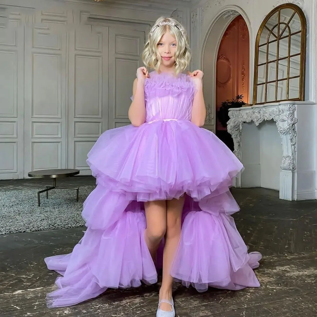 Vestido de tul de flores en capas púrpura para niña, vestido de princesa sin mangas hinchado para fiesta de boda, lindos vestidos de baile de primera comunión