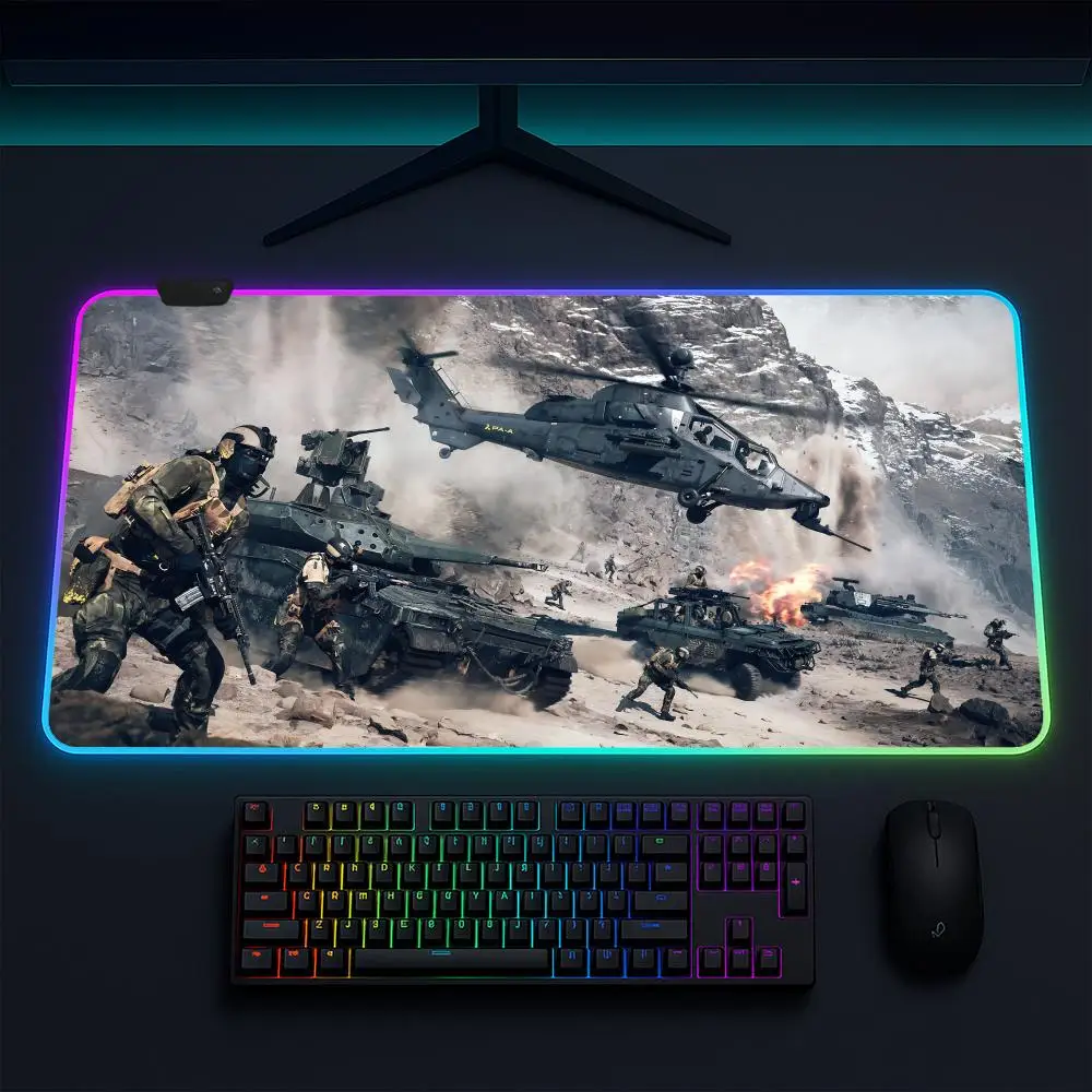Tapete de mouse para jogos Super Battlefield 6, iluminado por LED, base antiderrapante, à prova d'água, bloco de mesa grande, superfície macia