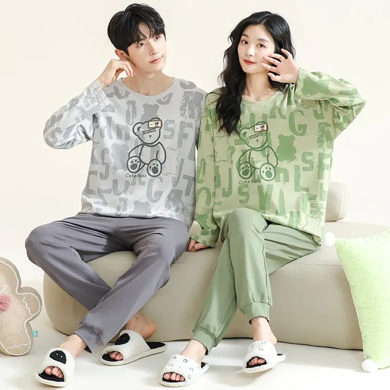 Couple Sleepwear Men's Women's Cotton Pajamas Set Long Sleeve Pullover Pants Pajamas Loungewear Loose Kawaii Clothes New