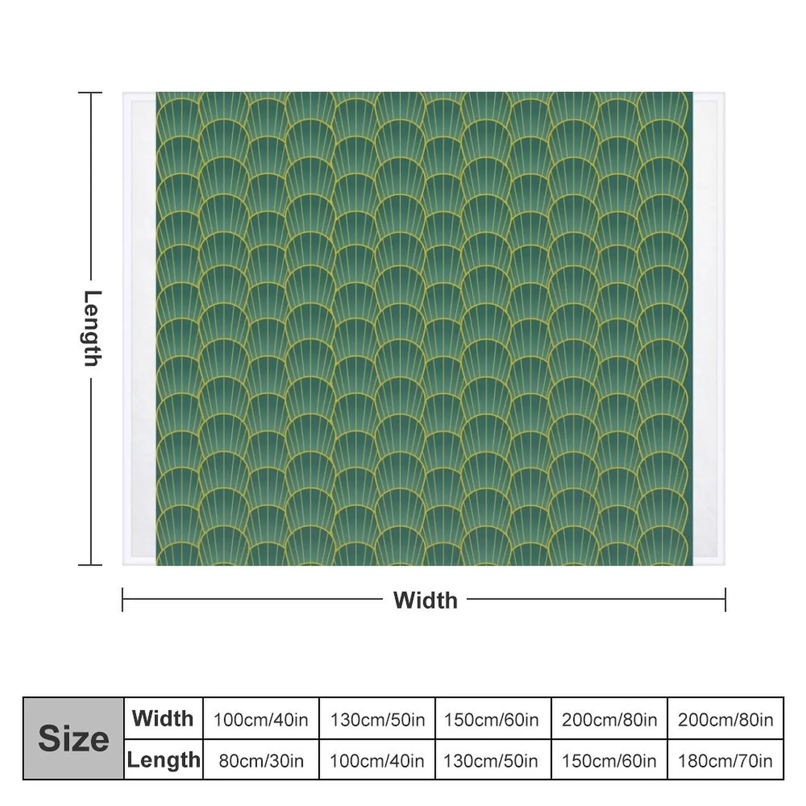 Art Deco Shell Design in Green & Gold Throw Blanket Flannel blankets and throws Blankets