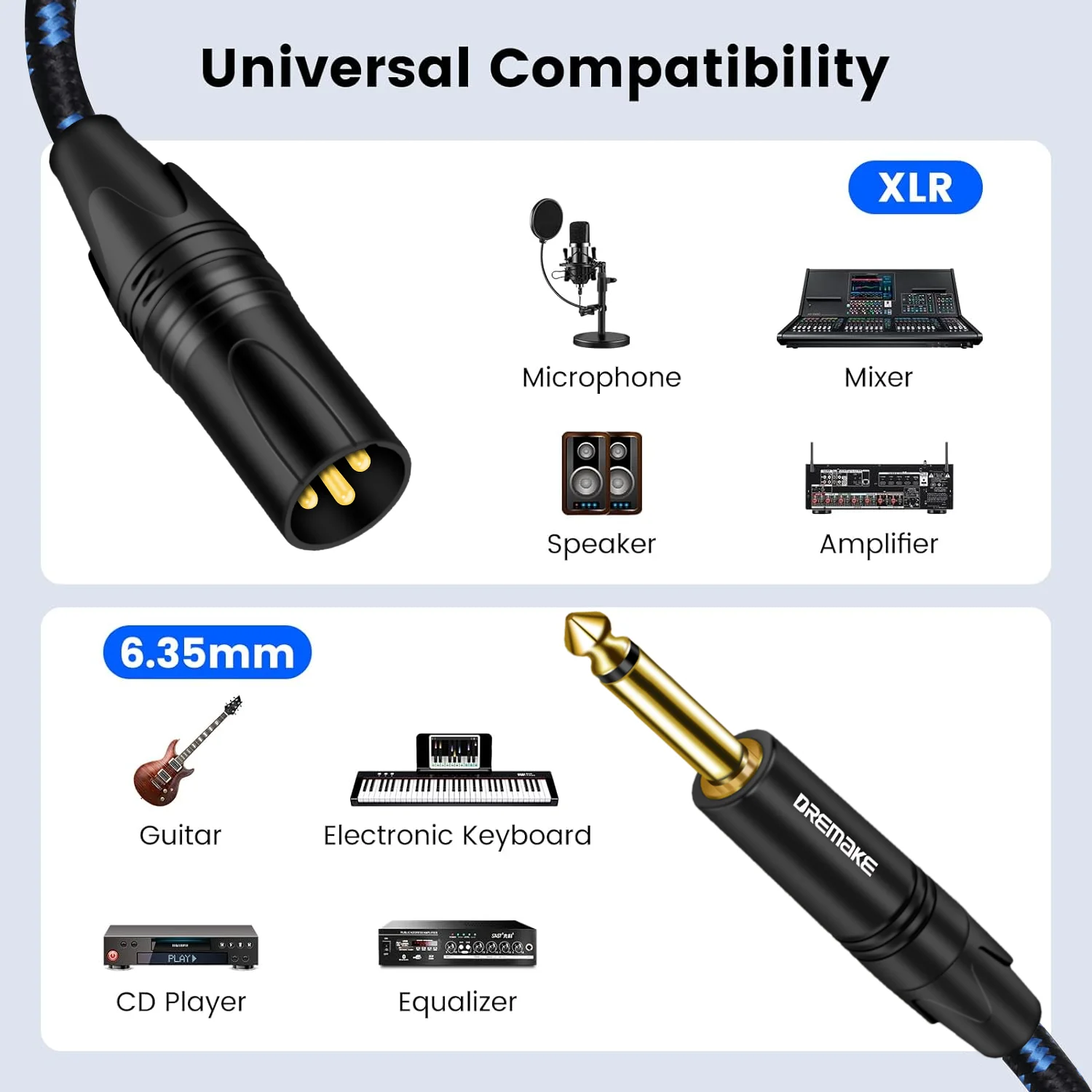 DREMAKE TS 1/4\'\' to XLR Unbalanced Cable Mono 6.35mm to XLR Cord Quarter inch Male to XLR Male Mic Cable for Dynamic Microphone