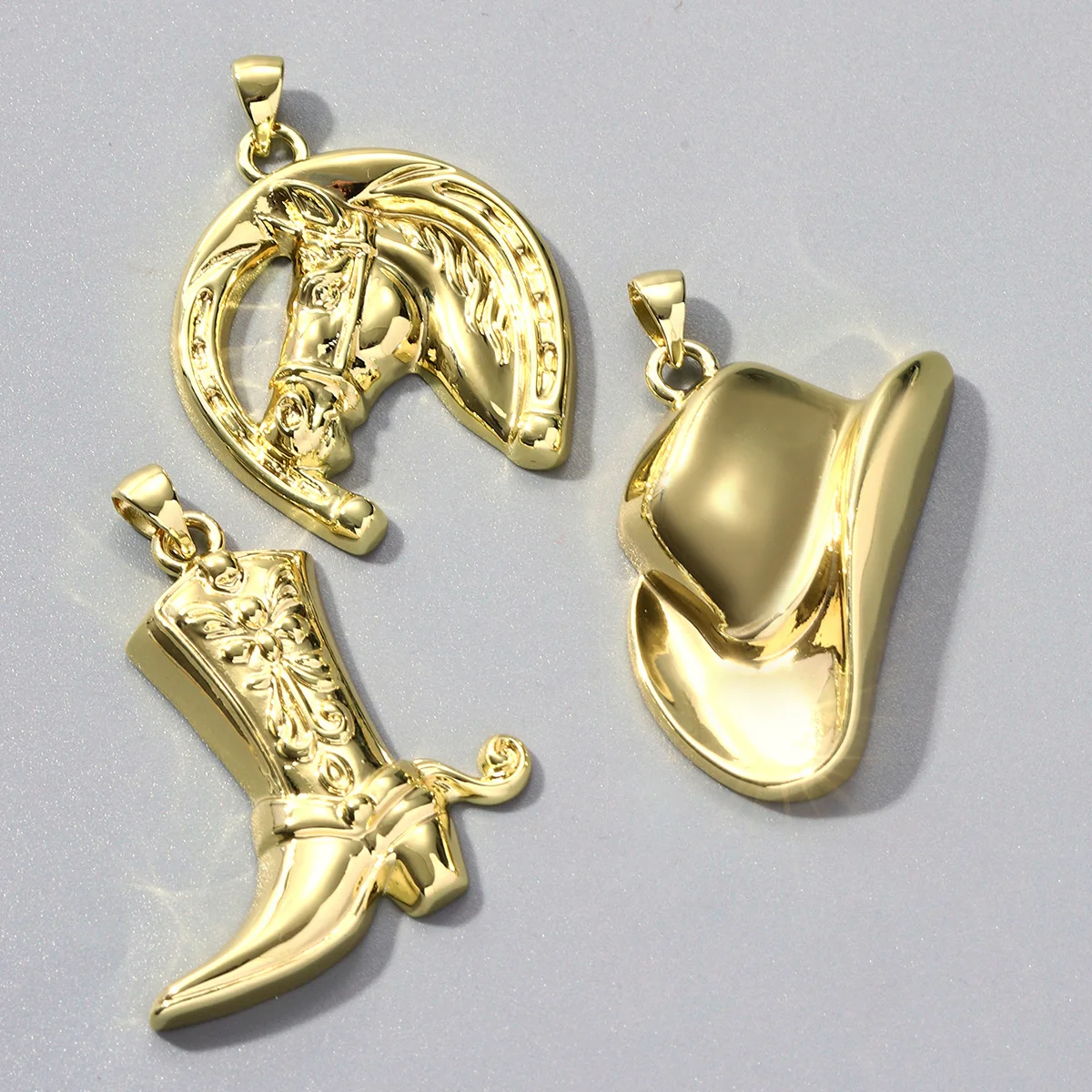 3pcs/Lot 18K Real Gold Plated Western Cowboy Hat Boots DIY Necklace Pendant Wholesale Unique Horseshoe Charms Jewelry for Women