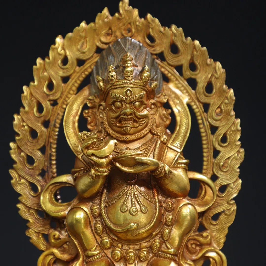 Tibetan old brass gilt backlight big black sky King Kong hand Buddha statue ornament of God of Wealth Home Hall supplies 17cm