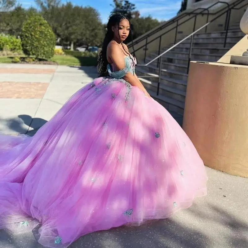 

Mexican Pink Quinceanera Dress Ball Gown Shiny Lace Applique Beading Crystals Corset Sweet 16 Vestido De 15 Anos