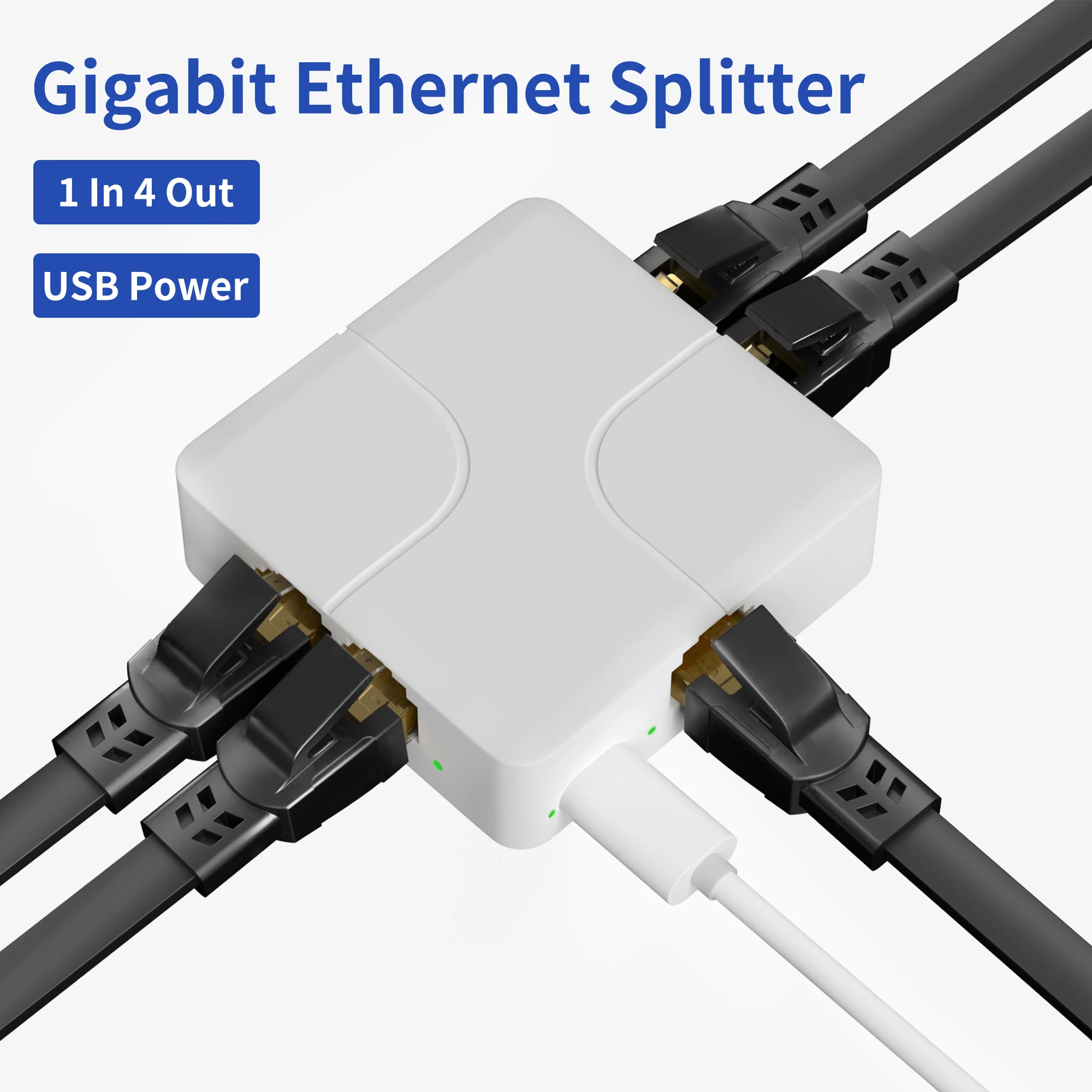 Ethernet Splitter Switch Adapter with USB Power Cable, Gigabit Lan Splitter Support 2/4 Devices Simultaneously Networking