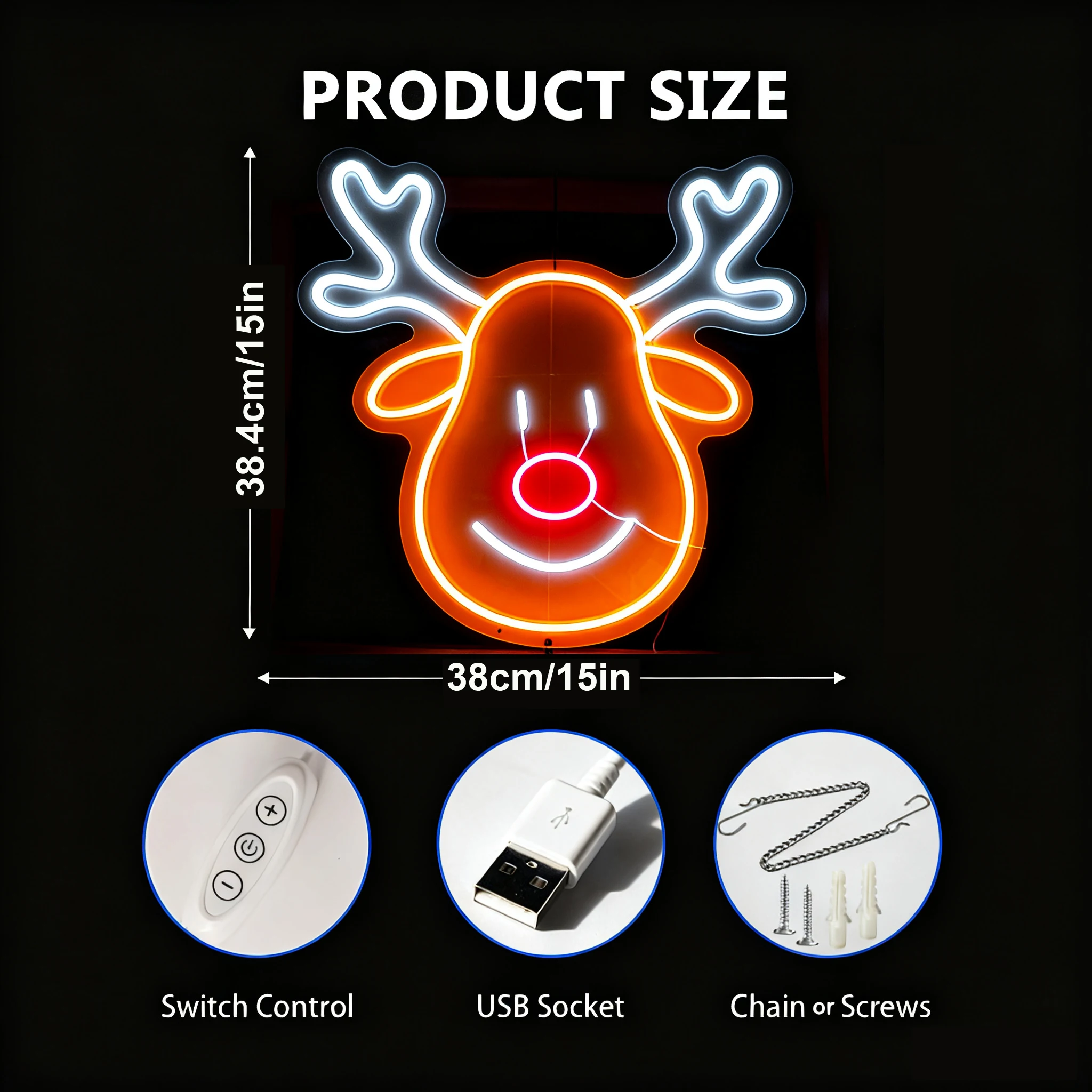 Christmas Reindeer Neon Sign, LED Wall Art for Holiday New Year Decor USB Powered Xmas Light for Living Room Bedroom Winter Gift