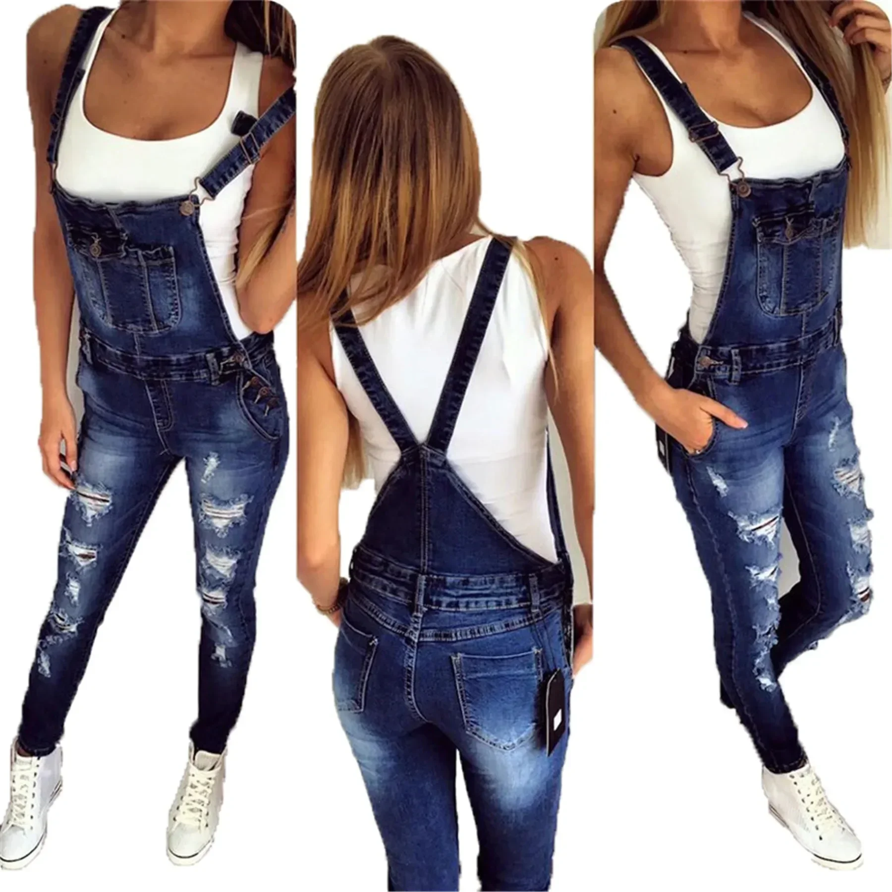 Jeans strappati Pantaloni a matita alla caviglia in denim Salopette da donna Tasche lavate invecchiate Foro impiombato vintage High Street