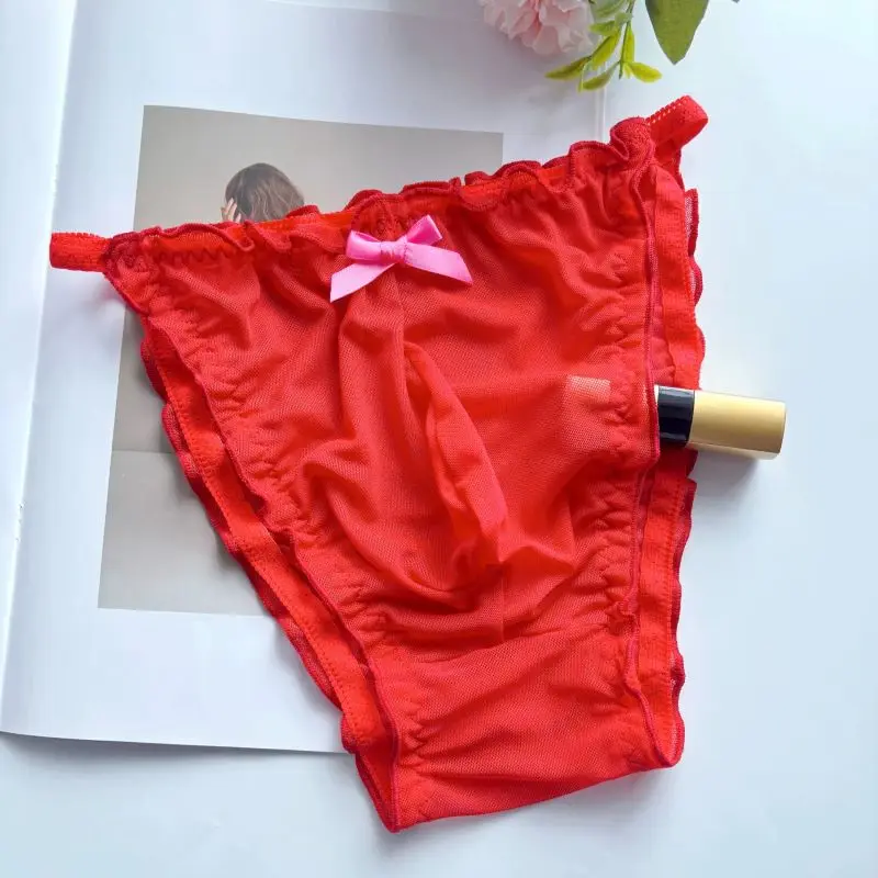 Men's Mesh Briefs Convex Pouch Red Sheer Panties Sweet Bow Ruffled Crossdressing Elastic Underwear Sissy Lingerie