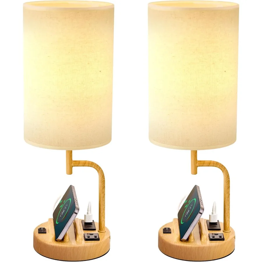 Table Lamp with 3 USB Charging Ports Modern Desk Lamp with AC Outlet and Phone Stands Perfect Bedside Lamp for Bedroom Living R