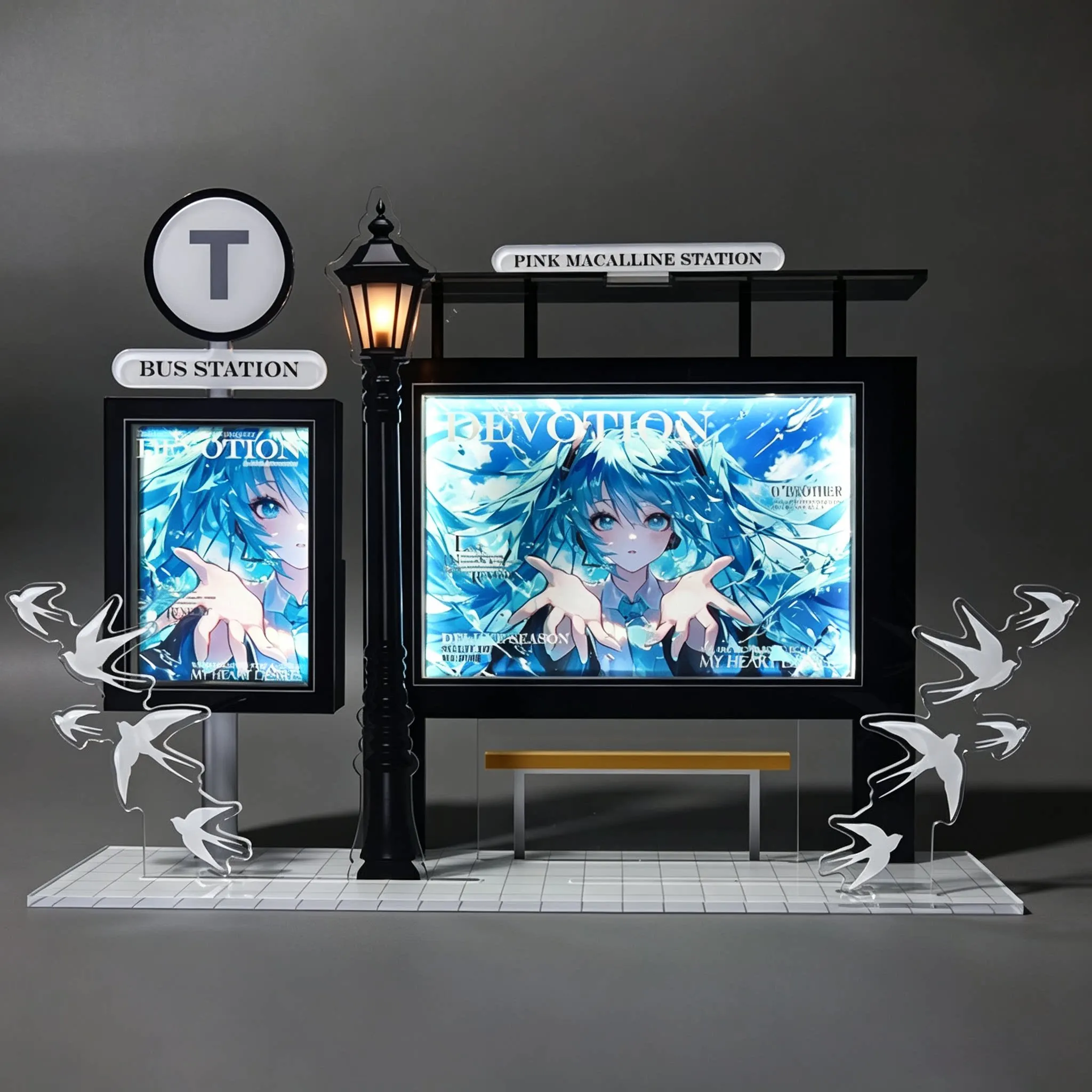 Bus Stop Glowing 3/6inch Acrylic Photo & Badge Display Stand, Miniature Diorama Frame, for Anime Kpop Merch Shooting Layout Prop