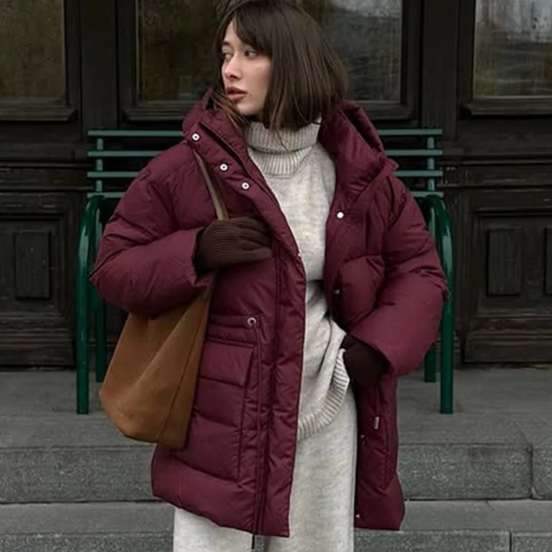 TARUXY Hooded Tie-Waist Padded Jacket Women's Casual Pocket Zipper Puffer Warm Cotton Down Jacket Loose 2025 Winter New Coat
